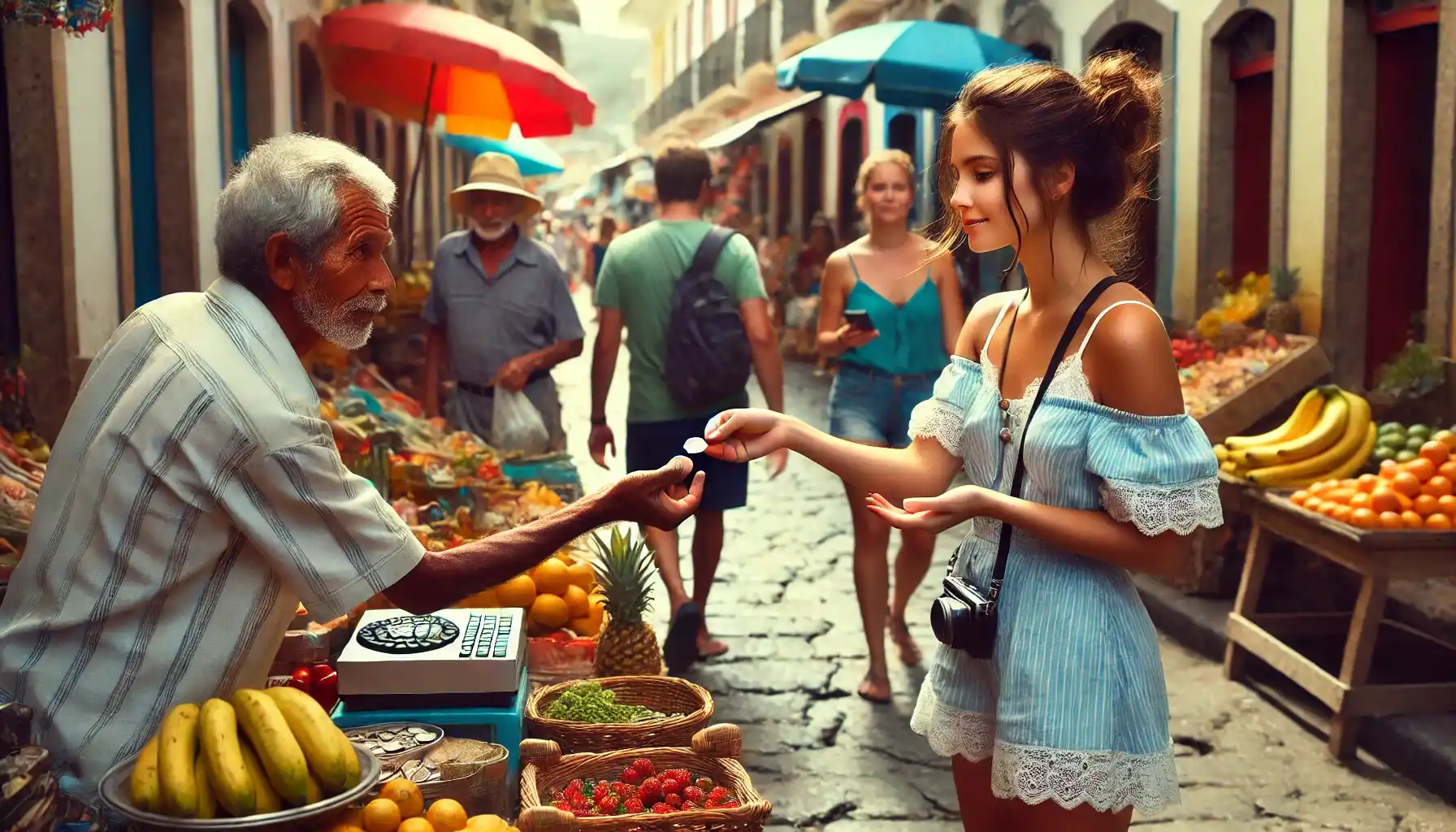 A noisy street in Brazil where a shopkeeper quickly hands change to a girl, who accepts it confidently without counting.