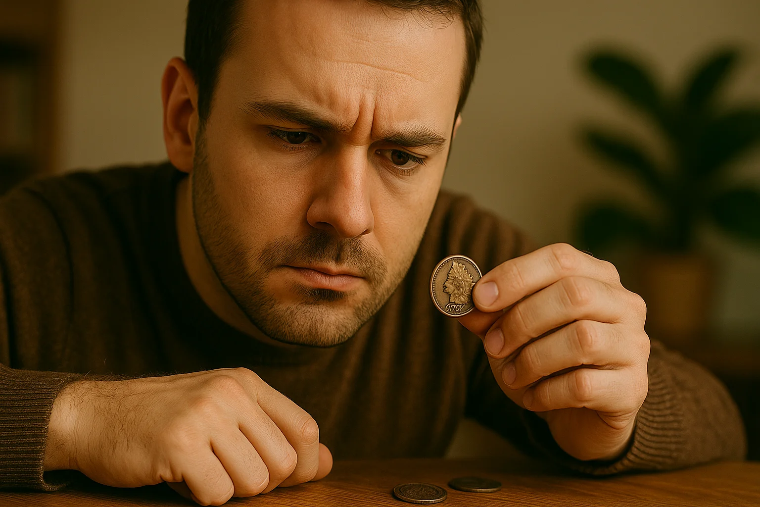 A man carefully inspects an old Indian Head penny with focused curiosity, highlighting the thrill of discovering a coin with hidden historical and collectible value.