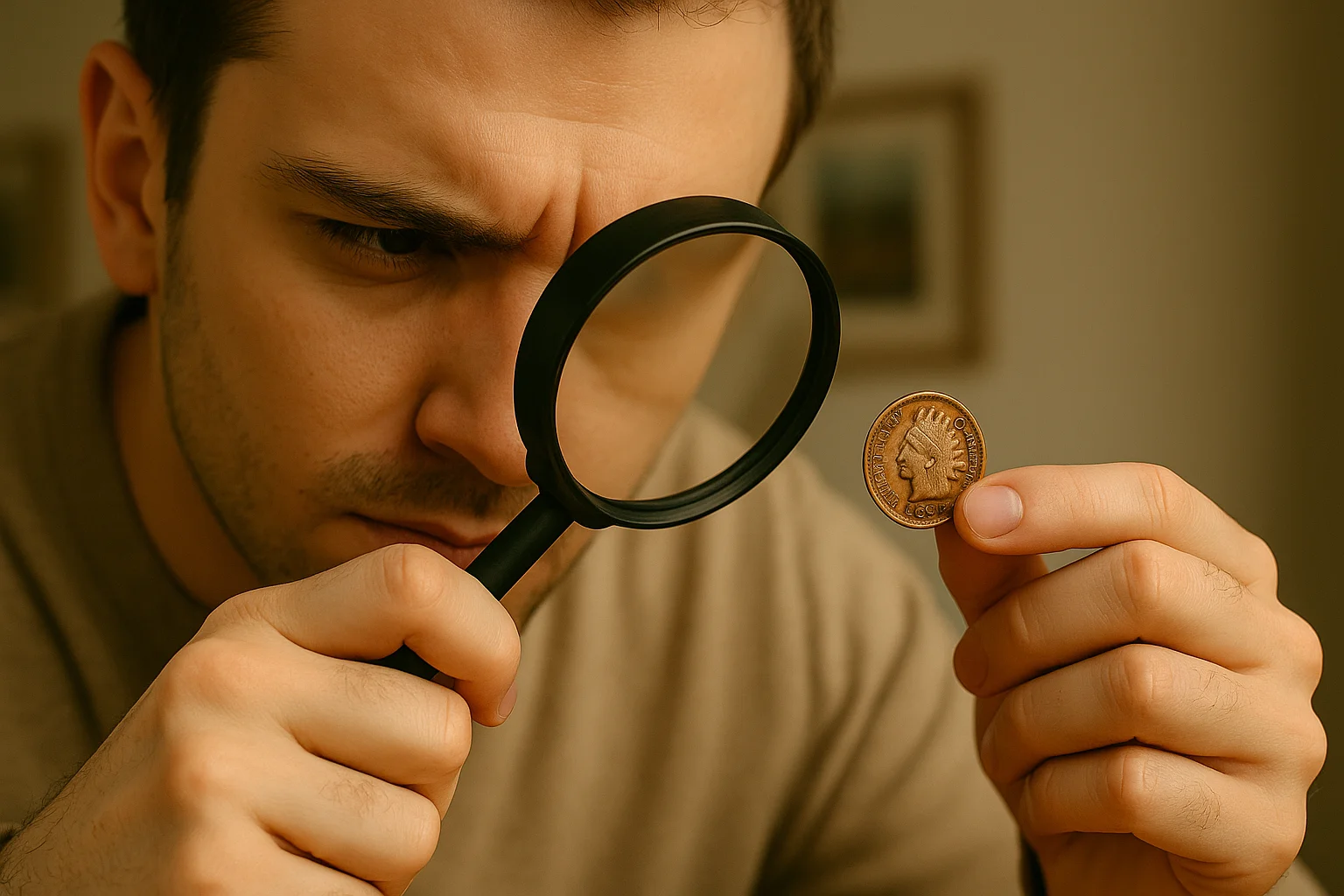 A young collector examines the fine details of an Indian Head cent through a magnifying glass, capturing the precision needed to spot errors and evaluate condition.
