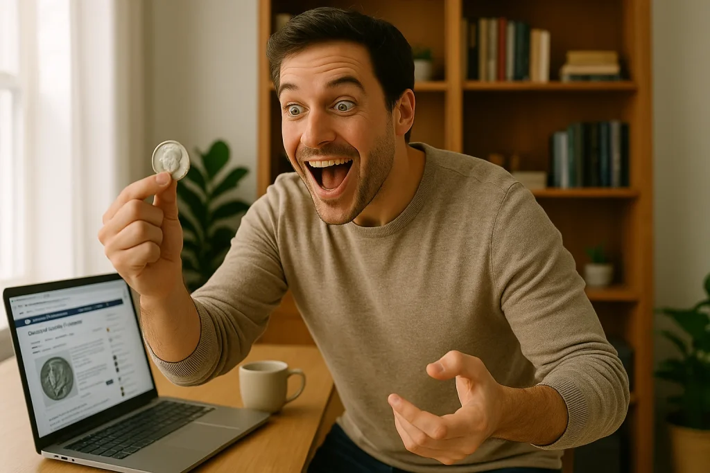 In his home office, a man jumps up in excitement, clutching a Kennedy Half Dollar he just realized might be a collector’s prize.