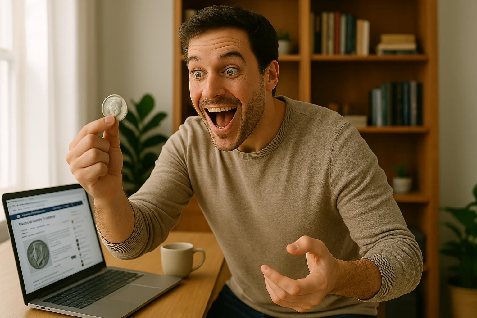 In his home office, a man jumps up in excitement, clutching a Kennedy Half Dollar he just realized might be a collector’s prize.