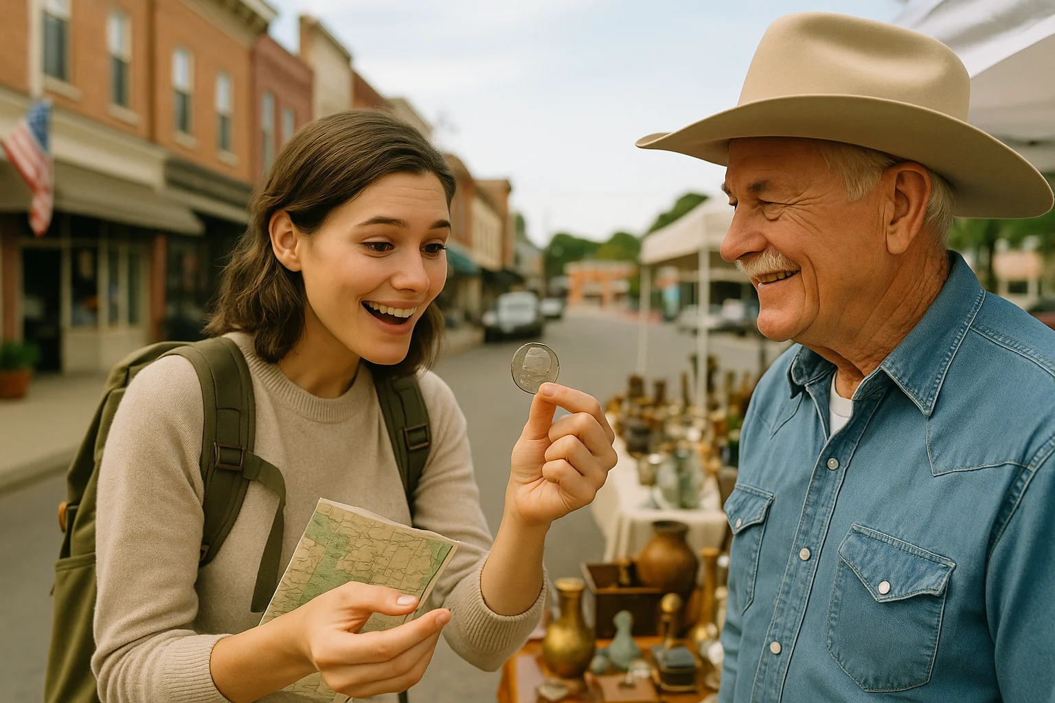 A young woman stumbles upon a valuable Kennedy Half Dollar at a small-town flea market, while a cowboy-hatted vendor watches with a knowing smile.
