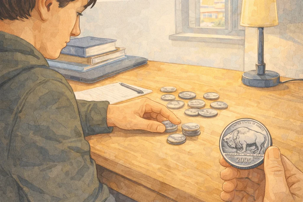 A student finds a rare 2005 Buffalo nickel among the regular spare change.