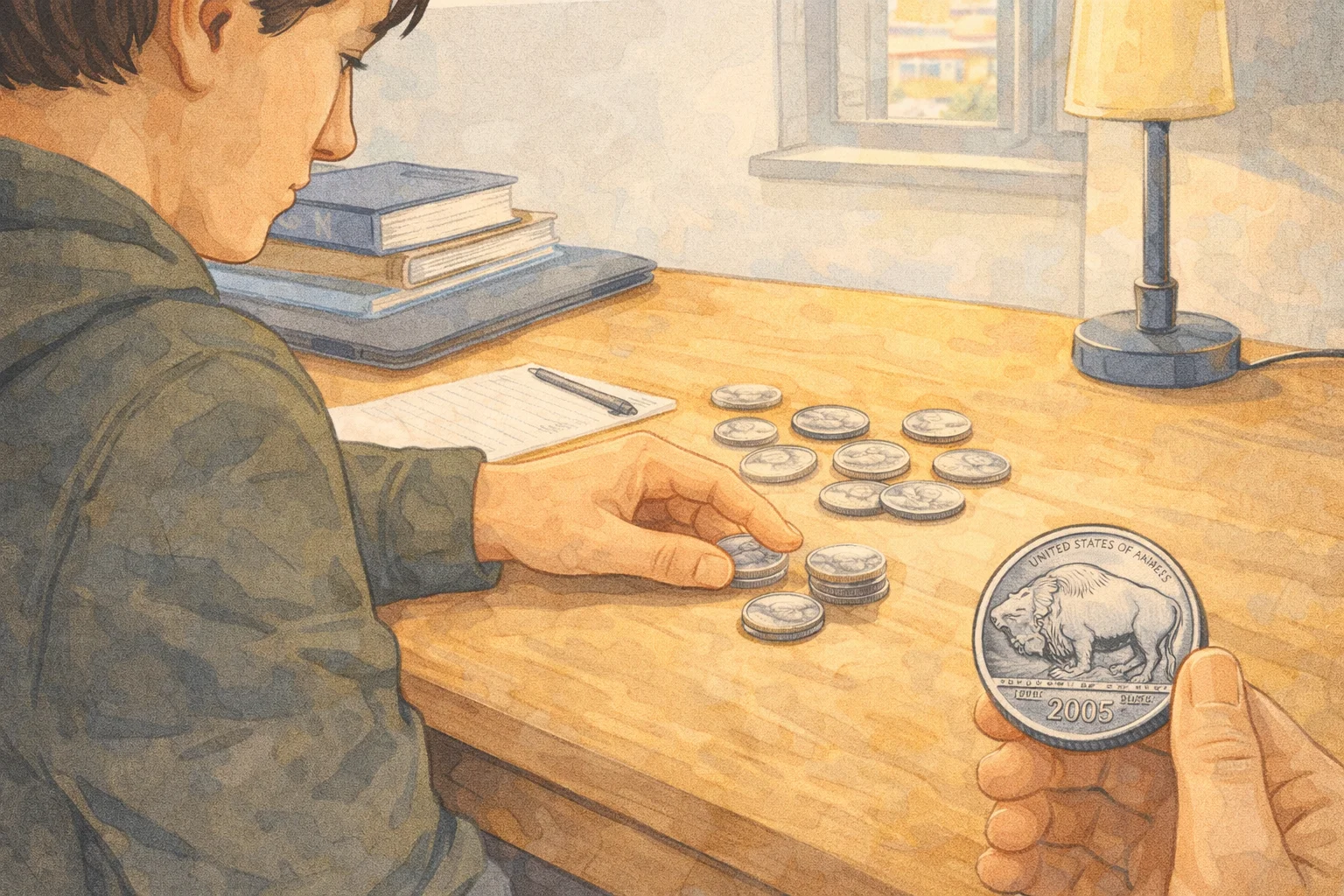 A student finds a rare 2005 Buffalo nickel among the regular spare change.