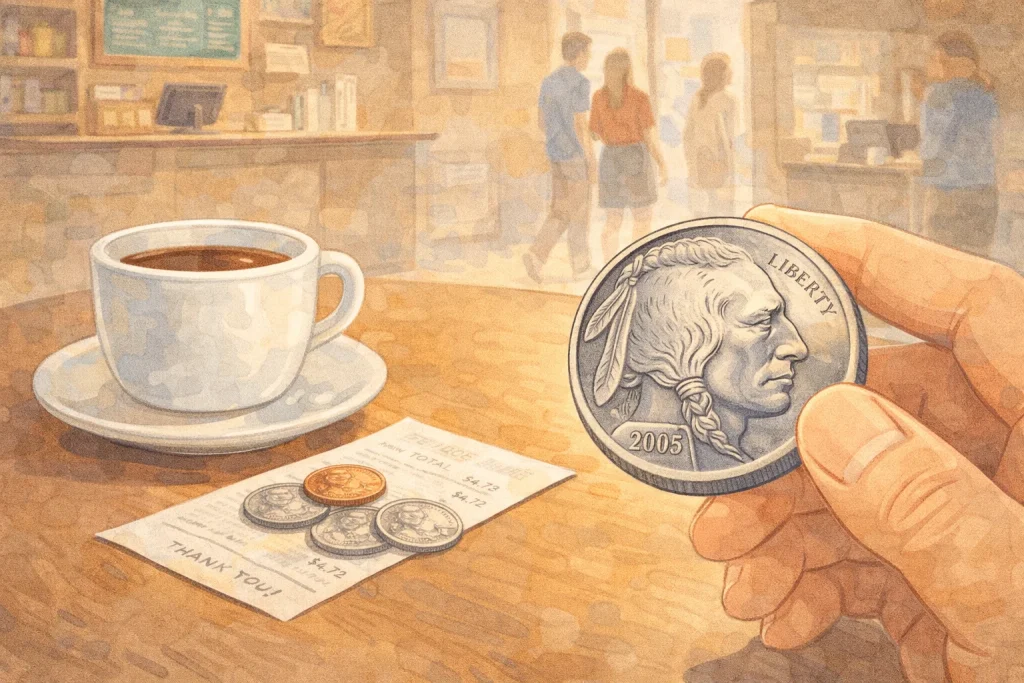 A traveler discovers a rare 2005 Buffalo nickel in the cafe.