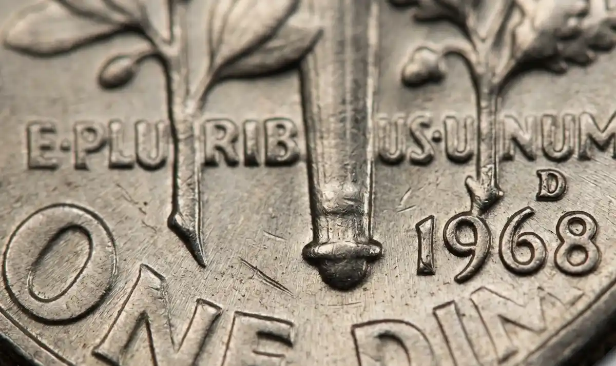 Extreme close-up of 1968 date and lettering